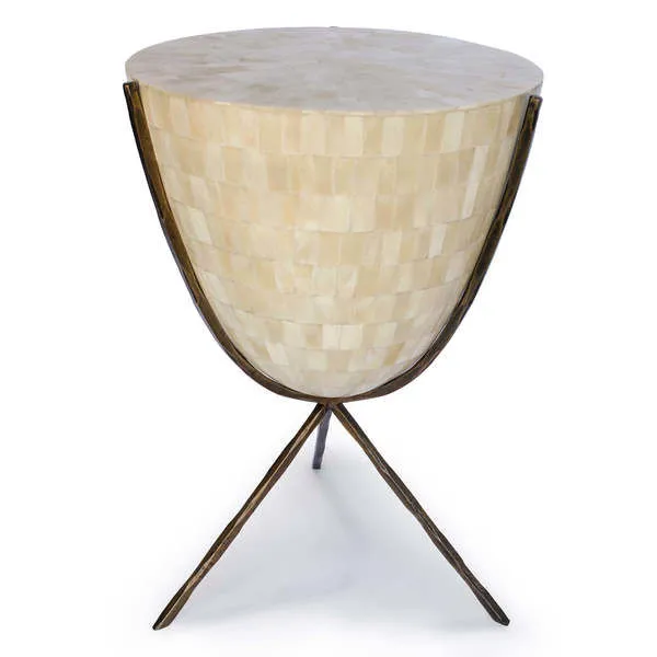 Coco Natural Bone Table with cream bone veneer top and tapered mosaic sides on black tripod metal base
