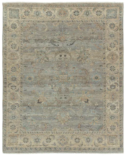 6x9 hand-knotted wool rug with tan, blue, taupe, gray, cream medallion floral pattern