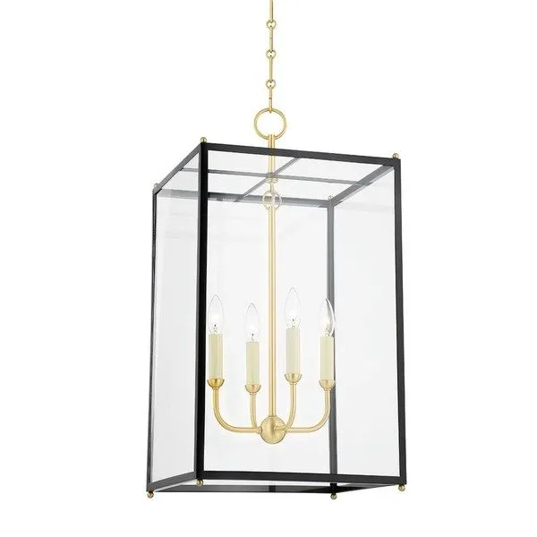 Chaselton pendant lantern with darkest blue rectangular frame, aged brass candle arms and cream candle sleeves, hanging ch...