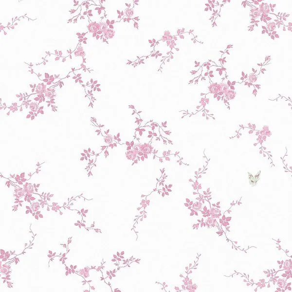 Rachel Ashwell Butterflies wallpaper with delicate pink tea rose garlands and small butterflies on a white background