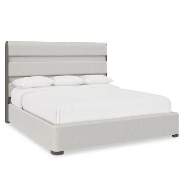 Prado King Panel Bed with deep channel upholstered headboard and Porcini wood trim, upholstered footboard and side rails
