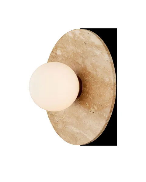 Apricity Wall Sconce with frosted white glass globe surrounded by a natural travertine disc with subtle stone texture