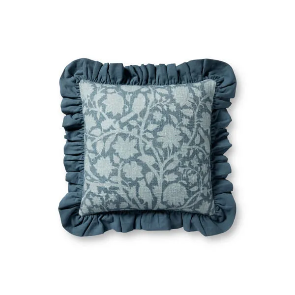 Dusky blue square throw pillow with two-toned botanical and bird pattern and romantic ruffled edges