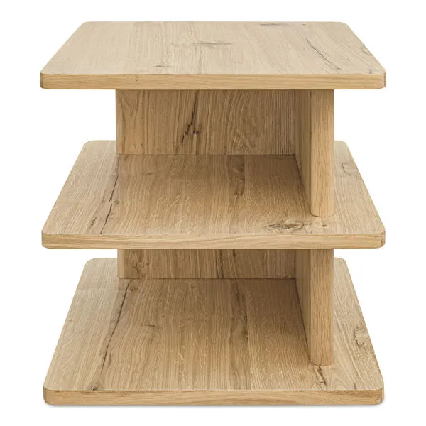 Casey side table with three square, light oak wood shelves and rounded edges supported by vertical panels
