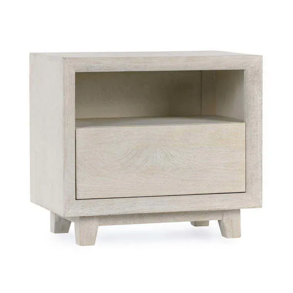 Reece Nightstand in light mango wood with one drawer and open shelf, classic straight lines and short angled legs