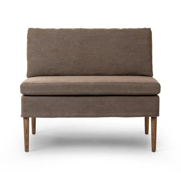 Aurelia Dining Banquette with chair and a half design in brown flax linen fabric, tapered solid oak legs in amber oak finish