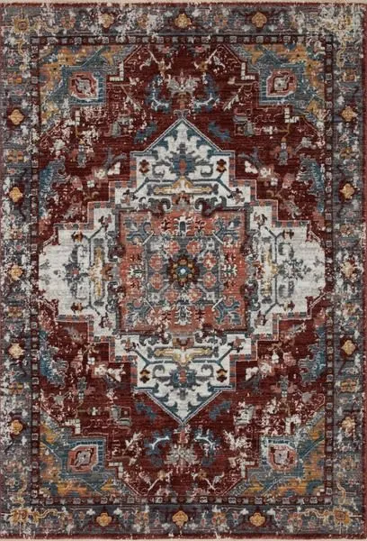 Full top-down view of Samra Brick/Grey Rug showing entire rectangular medallion pattern