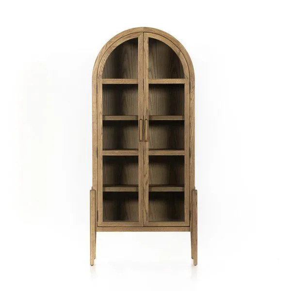 Angled view showing side details with hinged glass doors and oak grain