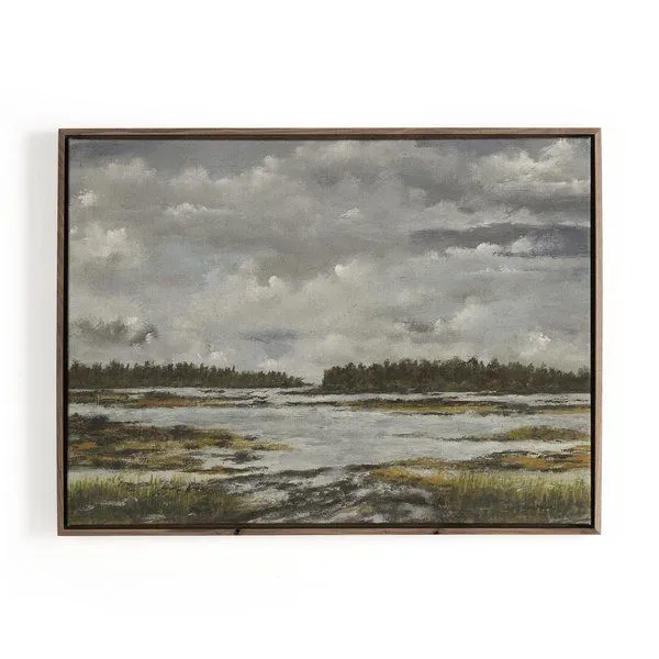 Rustic Walnut Floater painting depicting a muted landscape with marshland, dark tree line, and cloudy sky in gray and gree...