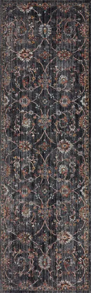 Samra Charcoal Multi rug narrow runner style with same faded floral pattern on dark charcoal background