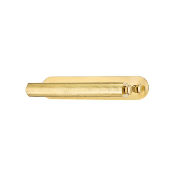 Stockport 2 Light Picture Light with sleek brass finish and two adjustable cylindrical light heads on oval backplate
