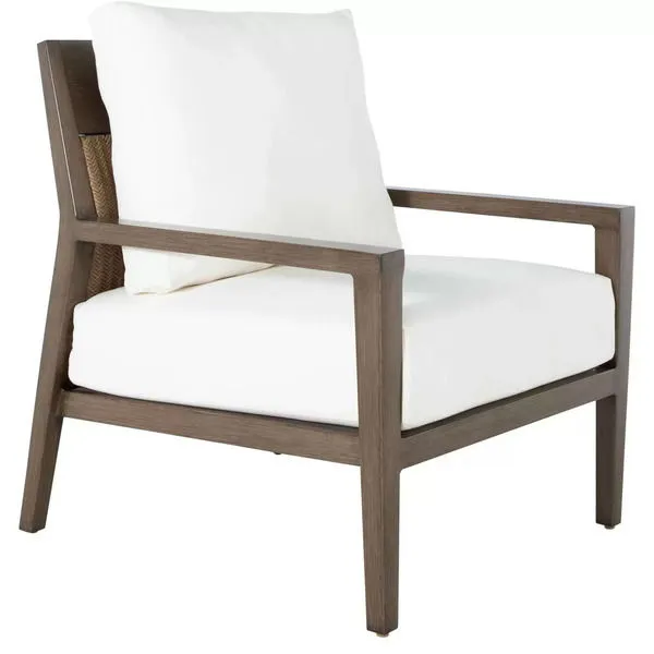 Savannah Aluminum Oak/Raffia Lounge chair with brown wooden frame and white cushions
