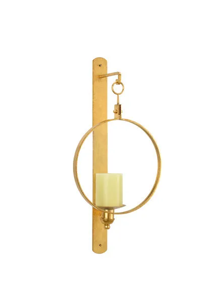 Wall sconce with antique gold leaf iron support and a round clear glass shield holding a white candle