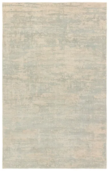 Hand-loomed modern abstract rug in teal and cream with soft, textured patterning, 10 by 14 feet