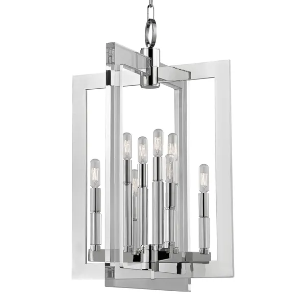 Wellington 8 Light Pendant with rectangular acrylic frames and polished metal candle sleeves