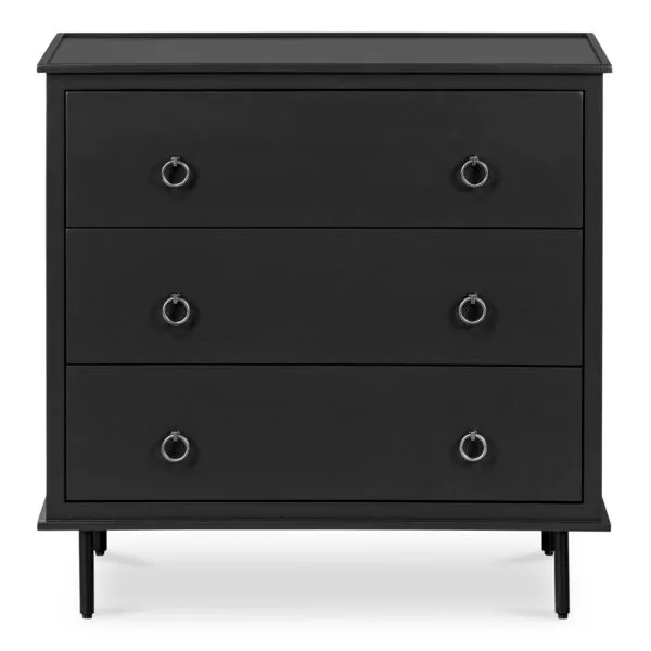 Black Reagan 3 drawer nightstand with metal ring knock handles and slender metal legs, box-like sleek frame