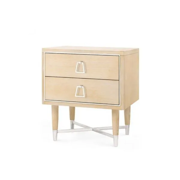 Adrian 2-drawer natural wood side table with light finish, tapered legs, silver metal accents, and geometric drawer pulls