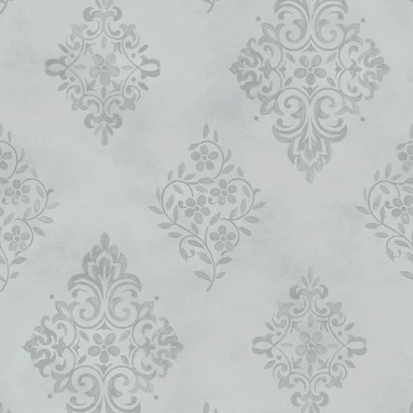 Rachel Ashwell Diamond Motif wallpaper with tonal damask floral crests in faded pale gray and soft watercolor texture
