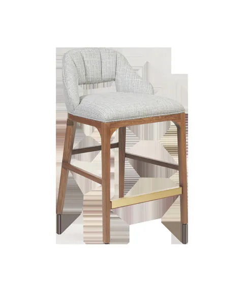 Inga Counter Stool with greenlight powder fabric upholstery, solid oak frame in morel brown, brass kick-plate on footrest