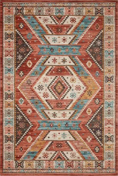 Zion Red / Multi Rug with geometric southwest-inspired pattern in red, blue, cream, and brown