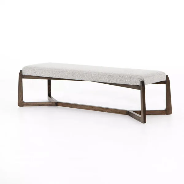 Roscoe Brunswick Pebble Bench with a light pebble textured upholstered seat on a dark beechwood cross-base frame