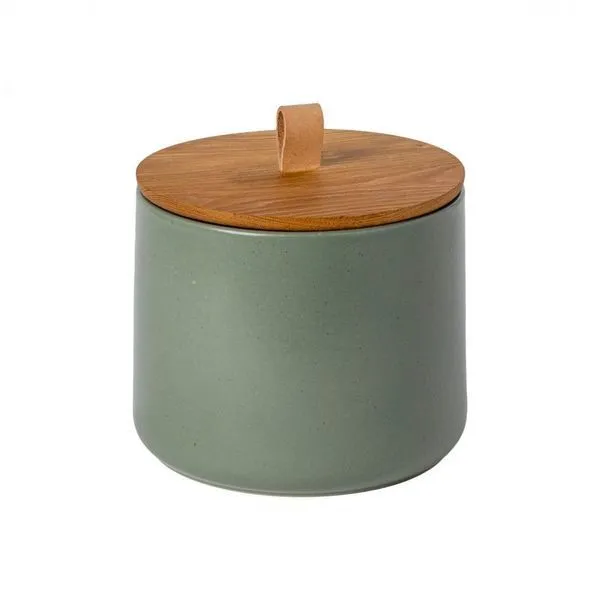 Large artichoke green stoneware canister with wooden lid and leather pull loop, 2.5-quart capacity
