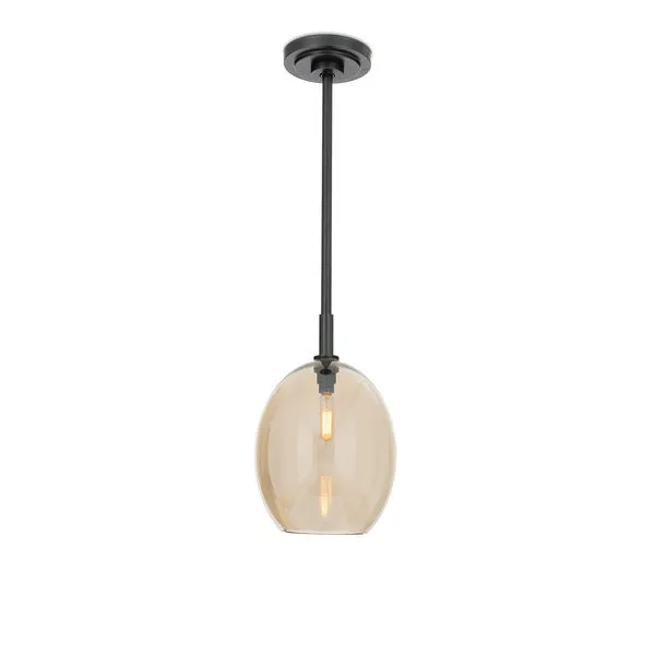 Oil rubbed bronze pendant light with curved champagne glass globe and visible filament bulb inside