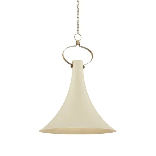 Radcliff 1 Light Large Pendant with slender cream shade flaring outward and curved brass hardware detail