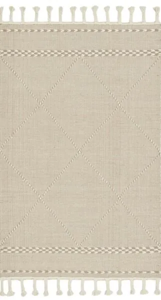 Neutral beige Sawyer Sand Rug with geometric diamond pattern and tasseled fringes on short sides