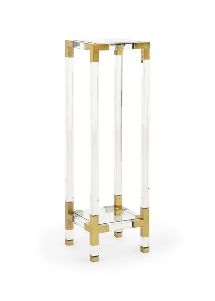 Clear acrylic pedestal with antique brass accents and two tempered glass shelves, tall and narrow end table