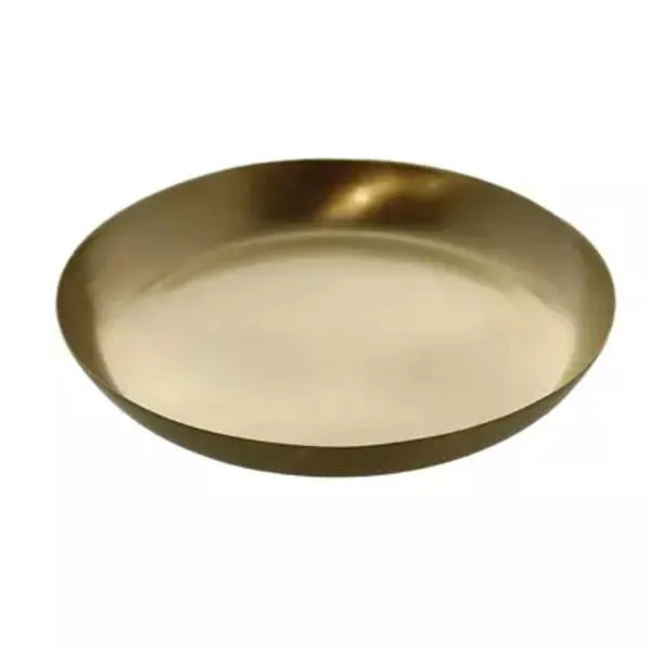 Medium sized round tray with a smooth brushed brass finish and slightly raised edges
