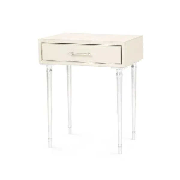 Jolene 1-Drawer Side Table in ivory leather with polished nickel pull and tapered metallic legs