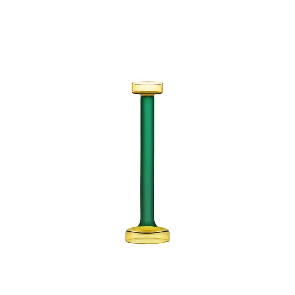 Tall glass candle holder with green stem and yellow transparent base and top