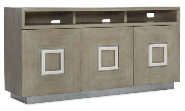 Affinity Oak Veneer Entertainment Console with greige sand-blasted quartered oak doors, pewter hardware, and antique white...
