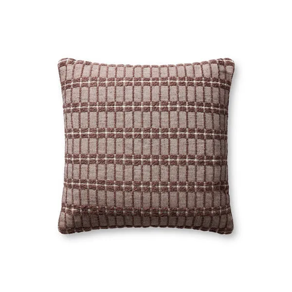 Square throw pillow with textured geometric pattern in muted two-toned burgundy, 18 by 18 inches