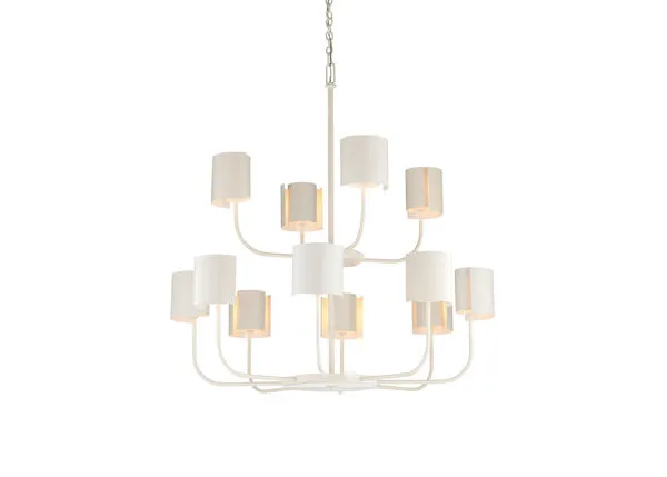 Castle Yard chandelier with twelve white cylindrical shades and curved arms on a hanging chain