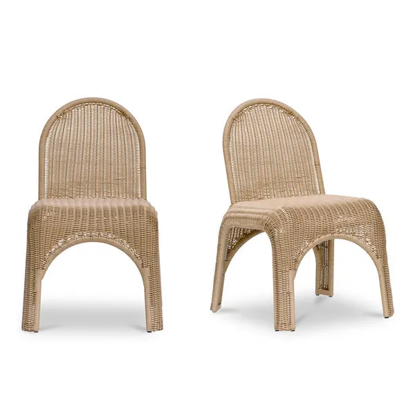Set of two Kendall outdoor dining chairs in natural synthetic wicker with curved backs and rounded seats