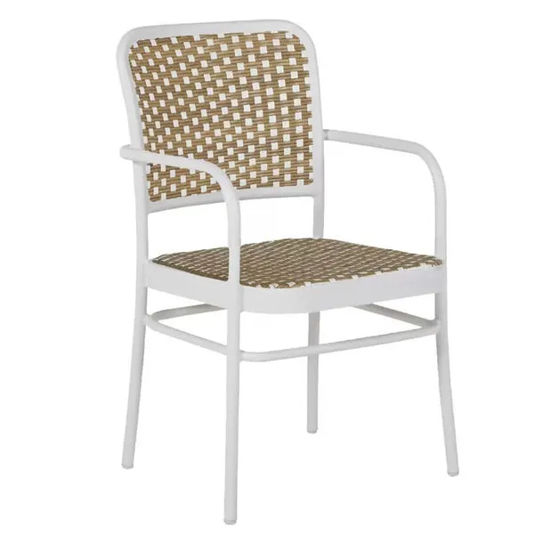 Outdoor arm chair with white metal frame and natural and white woven seat and backrest