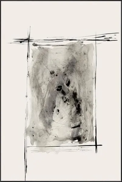 Abstract painting with bold black strokes framing a textured grey central area on a light background