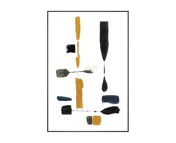 Abstract painting The Journey I with vertical black and ochre brushstrokes on white background, 36 by 54 inches