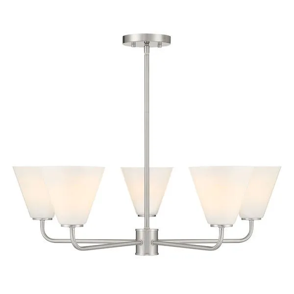 Blair 5-light chandelier with satin nickel arms and swirled white strie glass shades facing upward