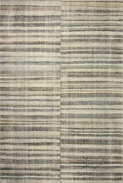 Humphrey Natural / Moss Rug with horizontal striped plaid pattern in neutral tones of cream, gray, green, and brown