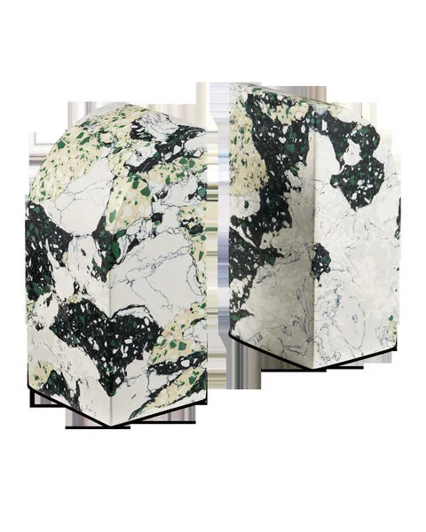 Pair of Fossey Object sculptures with curved edges, synthetic stone in black, white, green, and pale yellow swirl pattern