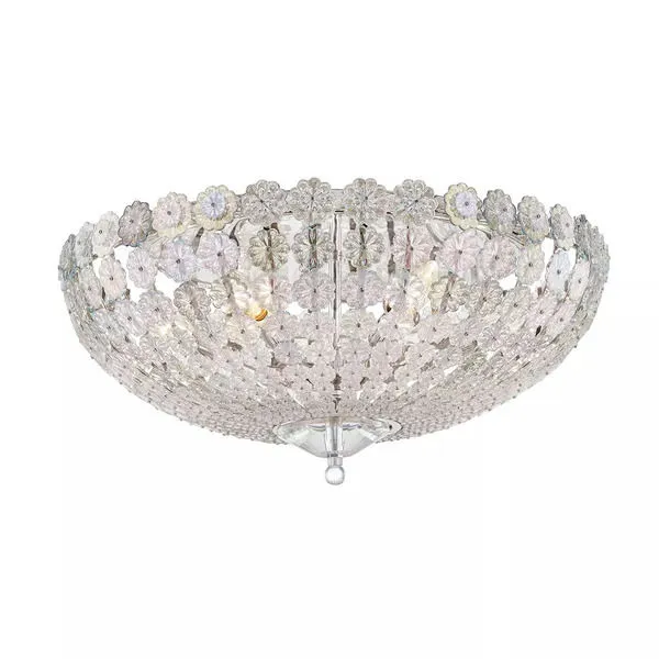 Flush mount ceiling light with six bulbs and clear crystal floral motifs forming a bowl shape