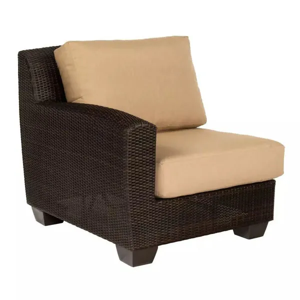 Left arm facing outdoor sofa end unit in woven dark coffee brown HDPE with beige cushions
