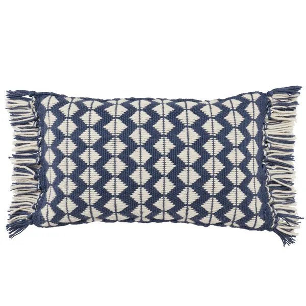 dark blue and ivory geometric patterned lumbar pillow with tasseled corners and woven texture