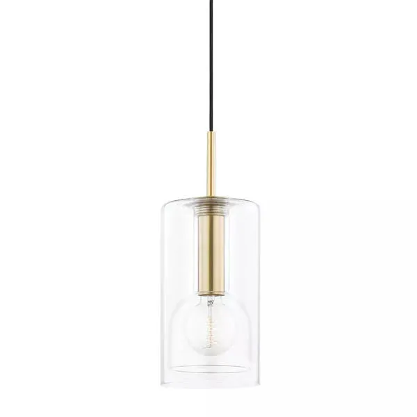 Belinda 1 Light Pendant with clear cylindrical glass shade and brass steel fixture on black cord