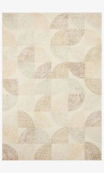 Milo Pebble Multi Rug with geometric arc patterns in soft neutral tones, hand-tufted 100% wool pile.