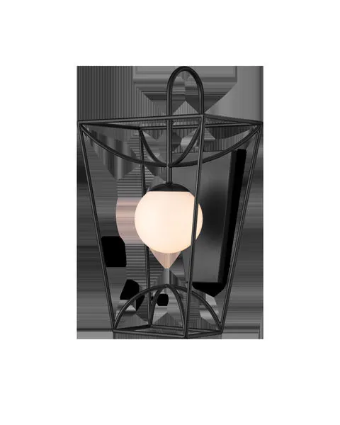 Rochefort Small Wall Sconce with black powder-coated metal frame and milky white glass globe lantern style design