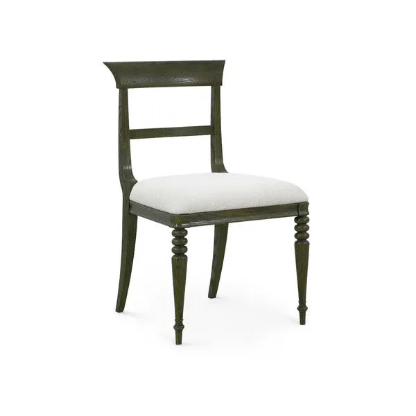 Lawrence Side Chair with olive grove stained oak frame and off-white upholstered seat, featuring hand-carved tapered legs ...